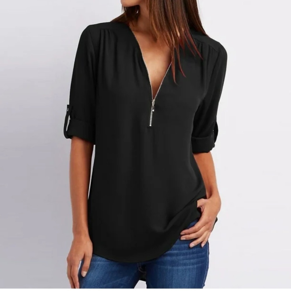 Charolette Russe Sheer Zipper Deep V‎ Top